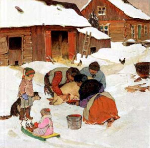 Clarence Gagnon, Killing the Pig. 5 X 7 inches Art card..jpg