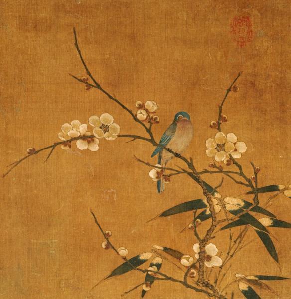 Blue Bird On a Plum Branch With Bamboo 